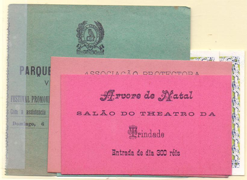 2772.jpg -     Lote:    2772      Lotes pelo Correio             Descrição:         4 Bilhetes para eventos de Assistência: "Parque da Esc. Académica &mdash; 1$200 reis, "Bazar...no Palacio Ouguella" &mdash; 200 Rs", "Associação Protectora de Escolas &mdash; Asylos &mdash; 1000 (Rs)", "Arvore de Natal...Theatro da Trindade.        Lote       Valor Base:     &euro; 7,00     Valor Venda:     Retirado     