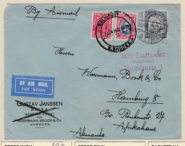 0148.jpg -     Lote:    148      Lotes Especiais      Moçambique       Descrição:         1932 (30.05) — Beira — Alemanha via Rodésia. Sobrescrito circulado da Beira (30.05.32) para a Alemanha, via Salisbúria (02.05.32). Pagou de porte ordinário 1$40 por selo da Companhia de Moçambique CE167 e porte aéreo por selos da Rodésia do Sul de 1d e 10d. As cartas eram transportadas em mão até Salisbúria por um agente transitário. MB e MR.        Aéreo       Valor Base:     € 200,00     Valor Venda:     € 420,00       