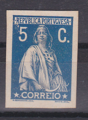 0532.jpg -     Lote:    532            Portugal        Descrição:         1912 — Ceres. CE212, 5C azul. Prova em papel porcelana, não denteada, na cor aprovada.        PRV       Valor Base:     € 5,00     Valor Venda:     € 10,00       