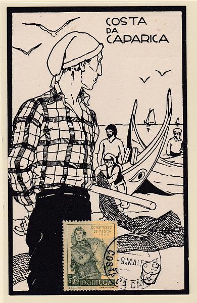 1791.jpg -     Lote:    1791                   Descrição:         Congresso Nacional da Pesca. CE731, $50 em postal ilustrado concordante, obliterado com marca de dia da Costa da Caparica (09.05.53). B e R.        PM       Valor Base:     € 12,00     Valor Venda:     Retirado     
