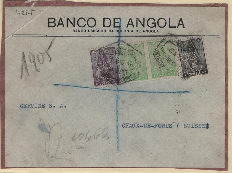 0186.jpg -     Lote:    186                   Descrição:         Perfurados * Angola. Frente de sobrescrito circulado registado de Luanda (24.02.37) para a Suíça, com selos tipo Ceres de 15C, 2x80C e 2Ags MF231, 239 e 243, perfurados com "B. A. — BANCO DE ANGOLA".         FRG       Valor Base:     € 8,00     Valor Venda:     €      