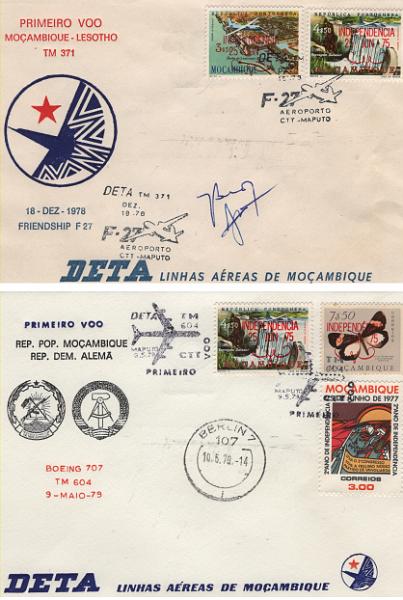 2956.jpg -     Lote:    2956      Lotes pelo Correio             Descrição:         Moçambique * Palop's. Lote com dois sobrescritos de 1.ºs voos aéreos: 1978 — 1.º Voo Moçambique / Lesotho + 1979 — 1.º Voo Moçambique / RDA.        Aéreo       Valor Base:     € 5,00     Valor Venda:     €      