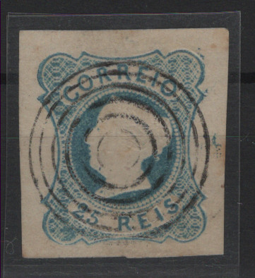 004.jpg -     Lote:    4            Portugal       Descrição:         1853 &mdash; D. Maria II. MF2, 25 reis, azul claro, cunho I. Exemplar com boa cor, margens de luxo, sem defeitos nem reparações, obliterado com CARIMBO MUDO atribuído à Estação Postal de FARO.         O       Valor Base:     &euro; 40,00     Valor Venda:     &euro;      