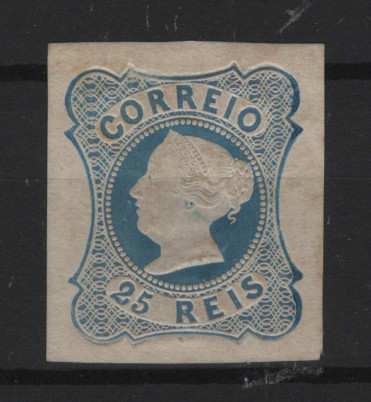 005.jpg -     Lote:    5            Portugal       Descrição:         1853 &mdash; D. Maria II. MF2, 25 reis azul claro, cunho II, papel liso médio. Exemplar sem defeitos nem reparações, boa cor e relevo, margens equilibradas (sendo três normais e uma de luxo). Certificado de peritagem de J. Miranda da Mota. Valor de catálogo &euro; 900,00.         (*)       Valor Base:     &euro; 200,00     Valor Venda:     &euro;      