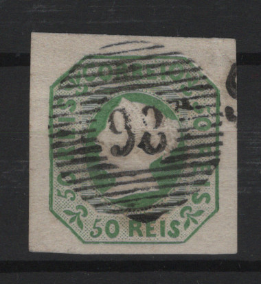 011.jpg -     Lote:    11            Portugal       Descrição:         1853 &mdash; D. Maria II. MF3, 50 reis verde, papel liso médio. Exemplar com margens largas, obliterado com carimbo numérico da 1.ª reforma "98 &mdash; SANTA COMBADÃO", tipo 20 barras e vestígio de início do carimbo nominativo no bordo direito. Certificado de peritagem de Roger Calves Valor de catálogo &euro; 1.800,00.         O       Valor Base:     &euro; 200,00     Valor Venda:     &euro;      