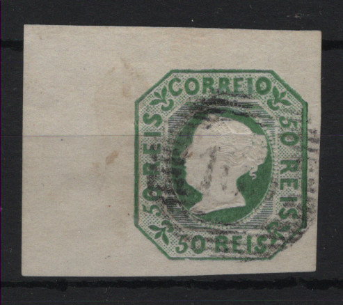 013.jpg -     Lote:    13            Portugal       Descrição:         1853 &mdash; D. Maria II. MF3, 50 reis verde amarelo, papel liso médio. Exemplar usado, bordo esquerdo de folha, com as outras margens largas/luxo, sem defeitos nem reparações, boa cor e relevo. Certificado de peritagem de Leilões P. Dias, Lda. Valor de catálogo &euro; 1.800,00.         O       Valor Base:     &euro; 700,00     Valor Venda:     &euro;      