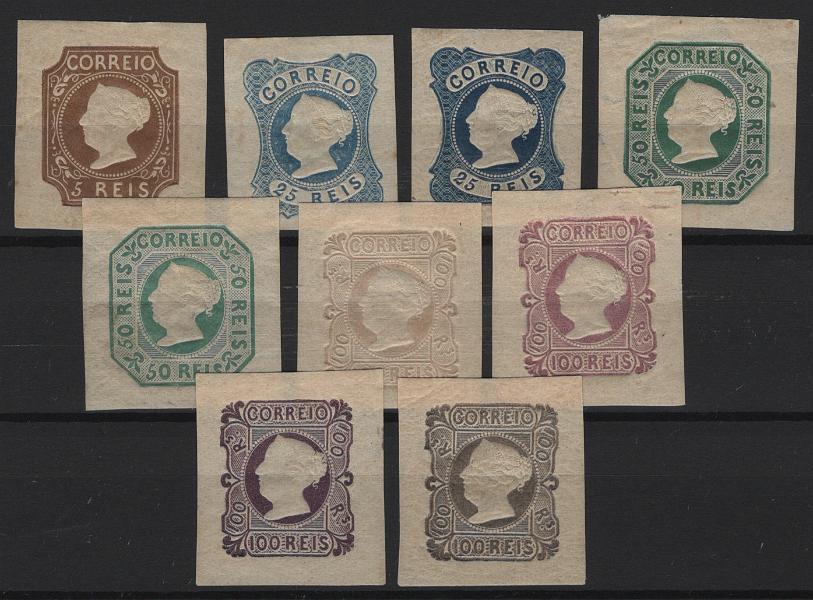 020.jpg -     Lote:    20            Portugal       Descrição:         1853 &mdash; D. Maria II. MF&frac14;. Série completa de reimpressões de 1928, com duplicações em cores distintas de 25 reis (1), 50 reis (1) e 100 reis (3), com goma original e sinal de charneira, margens de boas a luxo. Provavelmente o conjunto mais completo conhecido até esta data. Certificado de peritagem de Leilões P. Dias Lda. Valor de catálogo &euro; 5.130,00.         R**       Valor Base:     &euro; 750,00     Valor Venda:     &euro;      