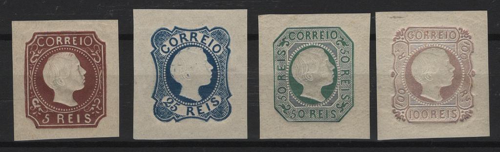 031.jpg -     Lote:    31            Portugal       Descrição:         1855/56 &mdash; D. Pedro V. Cabelos lisos. MF 5/6 + 8/9. Série completa de reimpressões de 1928, com goma original e sinal de charneira, margens de luxo. Reimpressão de 5 reis em castanho vermelho, cunho VIII e de 25 reis em tipo I. Certificado de peritagem de Leilões P. Dias, Lda. Valor de catálogo &euro; 1.200,00.         R**       Valor Base:     &euro; 250,00     Valor Venda:     &euro;      