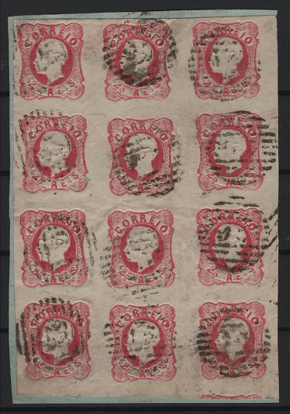 040.jpg -     Lote:    40            Portugal       Descrição:         1856/58 &mdash; D. Pedro V. Cabelos anelados. MF13, 25 reis carmim rosa, cunho IV. Bloco com 12 selos, com margens normais a boas, obliterados com carimbo numérico da 1.ª reforma tipo 4.3.4, batido a preto "95 - POMBAL". Bloco sobre fragmento com boa cor, sem defeitos ou reparações assinaláveis. Certificado de peritagem de Leilões P. Dias, Lda.          O       Valor Base:     &euro; 100,00     Valor Venda:     &euro;      