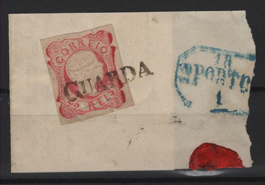 041.jpg -     Lote:    41            Portugal       Descrição:         1856/58 &mdash; D. Pedro V. Cabelos anelados. MF13, 25 reis carmim rosa, cunho IV, com uma margem curta e três normais, sobre fragmento, obliterado com carimbo nominativo batido a sépia da GUARDA. Exemplar com boa cor, sem defeitos ou reparações.         O       Valor Base:     &euro; 150,00     Valor Venda:     &euro;      