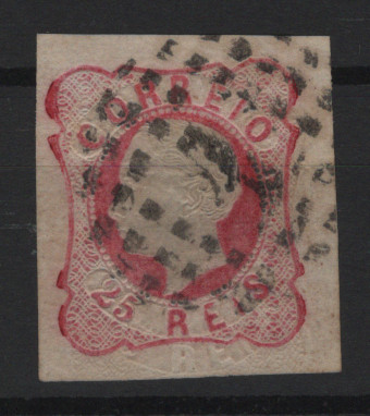 047.jpg -     Lote:    47            Portugal       Descrição:         1862/64 &mdash; D. Luís I. MF16, 25 reis carmim rosa, cunho I. Exemplar usado, com boas margens, boa cor, sem reparações, com DUPLA IMPRESSÃO DO RELEVO. Valor de catálogo &euro; 1.200,00.         O       Valor Base:     &euro; 300,00     Valor Venda:     &euro;      