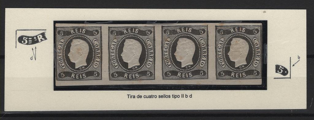 052.jpg -     Lote:    52            Portugal       Descrição:         1866/67 &mdash; D. Luís I. Fita curva, não denteados. MF19, 5 reis bistre preto, cunho II com variantes "b" e "d", papel liso médio. Tira horizontal com 4 selos, com margens superiores normais a boas a largas e verticais curtas. Exemplar com excelente cor e relevo com goma original e sinal de charneira no par central. Certificado de peritagem de Leilões P. Dias, Lda. Valor de catálogo &euro; 2.280,00.         **       Valor Base:     &euro; 300,00     Valor Venda:     &euro;      