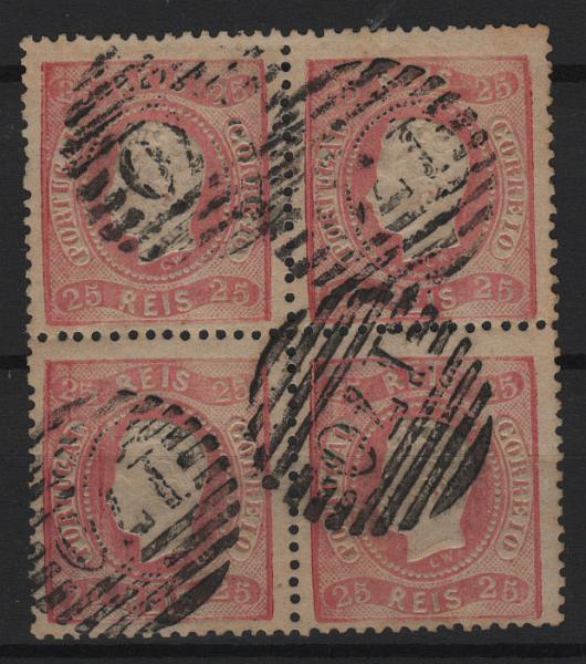 059.jpg -     Lote:    59            Portugal       Descrição:         1867/70 &mdash; D. Luís I. Fita curva, denteados. MF30, 25 reis rosa, denteado 12 &frac12;, papel liso médio. Quadra obliterada com carimbo numérico da 1.ª reforma, tipo 4.3.4, batido a preto "170 &mdash; PORTALEGRE". MB.         O       Valor Base:     &euro; 30,00     Valor Venda:     &euro;      