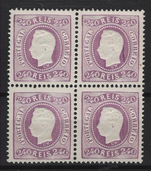 063.jpg -     Lote:    63            Portugal       Descrição:         1867/70 &mdash; D. Luís I. Fita curva, denteados. MF35, 240 reis lilás vivo, denteado 12 Ÿ, papel liso branco, sem goma como emitidos, Reimpressão de 1885 em QUADRA, sem defeitos nem reparações, com boa cor e relevo. MB e MR. Certificado de peritagem de J. Miranda da Mota. Valor de catálogo &euro; 1.140,00.         R*       Valor Base:     &euro; 250,00     Valor Venda:     &euro;      