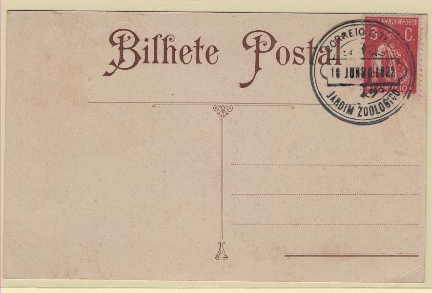 085.jpg -     Lote:    85            Portugal       Descrição:         1917/20 &mdash; Ceres. Novas taxas e cores. MF228, 6C lilás rosa em postal ilustrado comemorativo da travessia aérea de Gago Coutinho, obliterados com carimbo comemorativo do "JARDIM ZOOLOGICO".         PI       Valor Base:     &euro; 50,00     Valor Venda:     &euro;      