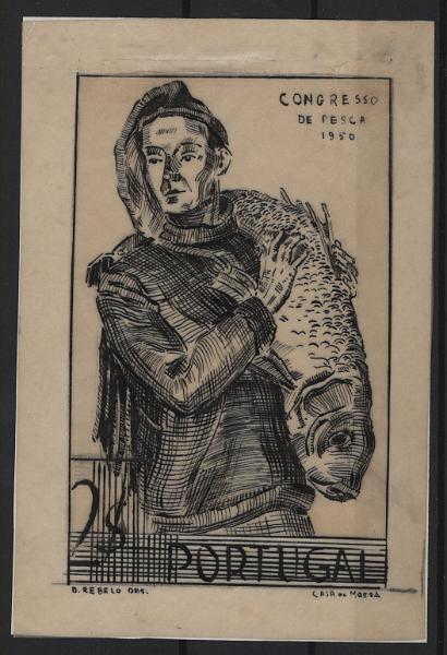 097.jpg -     Lote:    97            Portugal       Descrição:         1951 &mdash; 3.º Congresso Nacional de Pescas. Desenho original a tinta da china do autor do desenho da emissão, Domingos Rebelo, sobre papel vegetal com taxa não aprovada de 2$00. MB e MR.         PRV       Valor Base:     &euro; 75,00     Valor Venda:     &euro;      