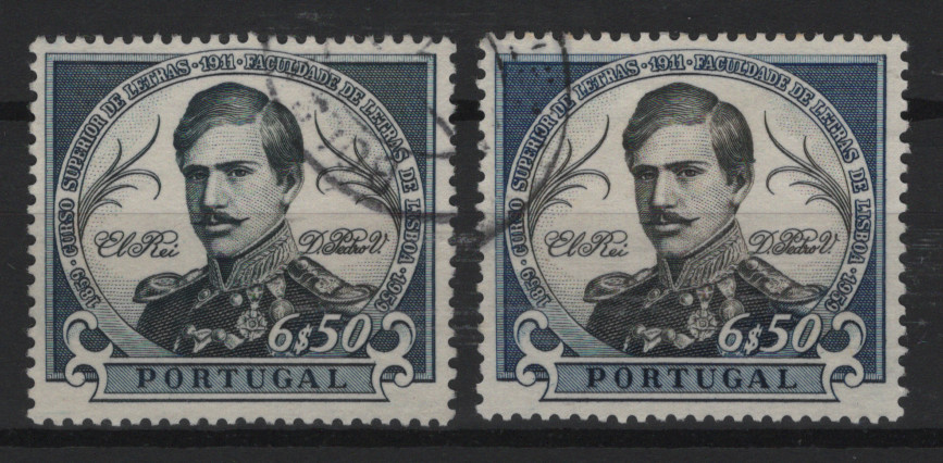 102.jpg -     Lote:    102            Portugal       Descrição:         1961 &mdash; 1.º Centenário da Fundação da Faculdade de Letras da Universidade de Lisboa. MF875a, 6$50 "azul" em vez de "azul e preto". Selo usado com boa cor, sem defeitos ou reparações. Acompanha selo normal para comparação. Valor de catálogo &euro; 300,00.         O       Valor Base:     &euro; 50,00     Valor Venda:     &euro;      