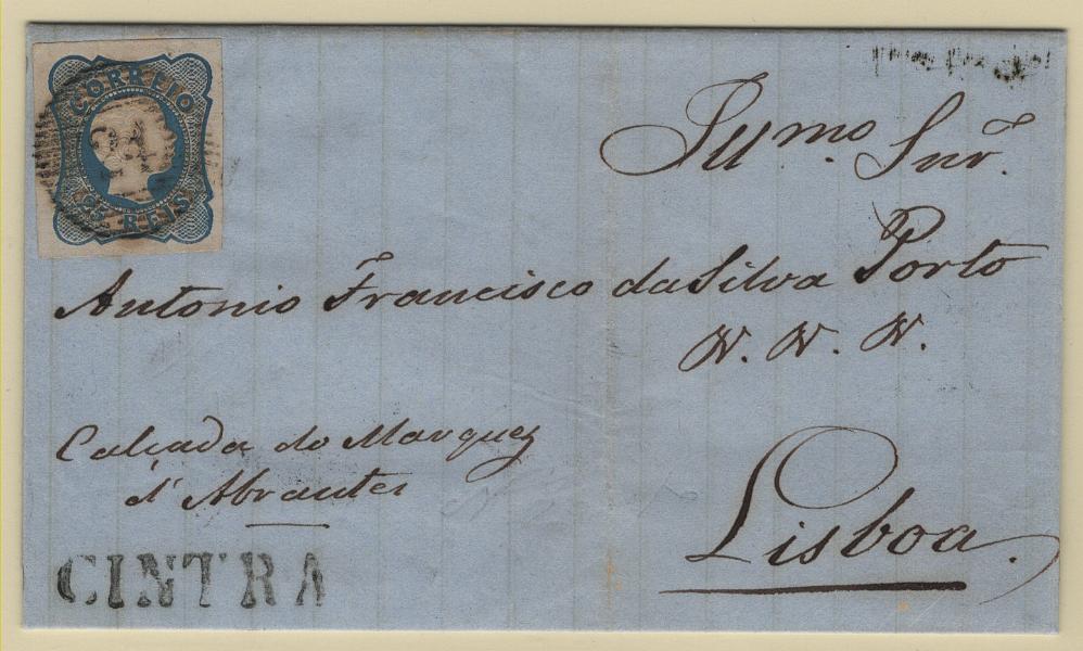 121.jpg -     Lote:    121      Marcofilia em emissões Borja Freire             Descrição:         1856/58 &mdash; D. Pedro V. Cabelos anelados. MF11, 25 reis azul, cunho I (linhas simples), com boas margens, em carta circulada de Sintra (11.05.56) para Lisboa (15.05.56), obliterado com carimbo numérico da 1.ª reforma (24 &mdash; CINTRA), tipo 6.8.6, e nominativo pré-adesivo CINTRA. Exemplar sem defeitos ou reparações.         Carta       Valor Base:     &euro; 75,00     Valor Venda:     &euro;      