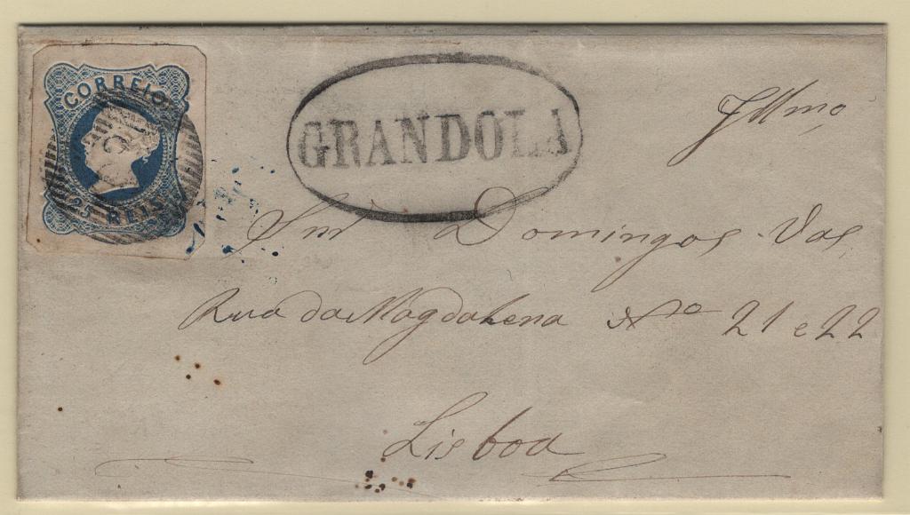 124.jpg -     Lote:    124      Marcofilia em emissões Borja Freire             Descrição:         1853 &mdash; D. Maria II. MF2, 25 reis azul, cunho I, com margens de luxo, em carta circulada de Grândola (16.08.53 * segundo mês de circulação) para Lisboa (19.08.53), obliterado com carimbo numérico da 1.ª reforma "25 &mdash; GRÂNDOLA", tipo 6.8.6 e nominativo "GRÂNDOLA" do período pré-adesivo, ambos batidos a preto. Exemplar sem defeitos nem reparações. MB e MR.         Carta       Valor Base:     &euro; 60,00     Valor Venda:     &euro;      