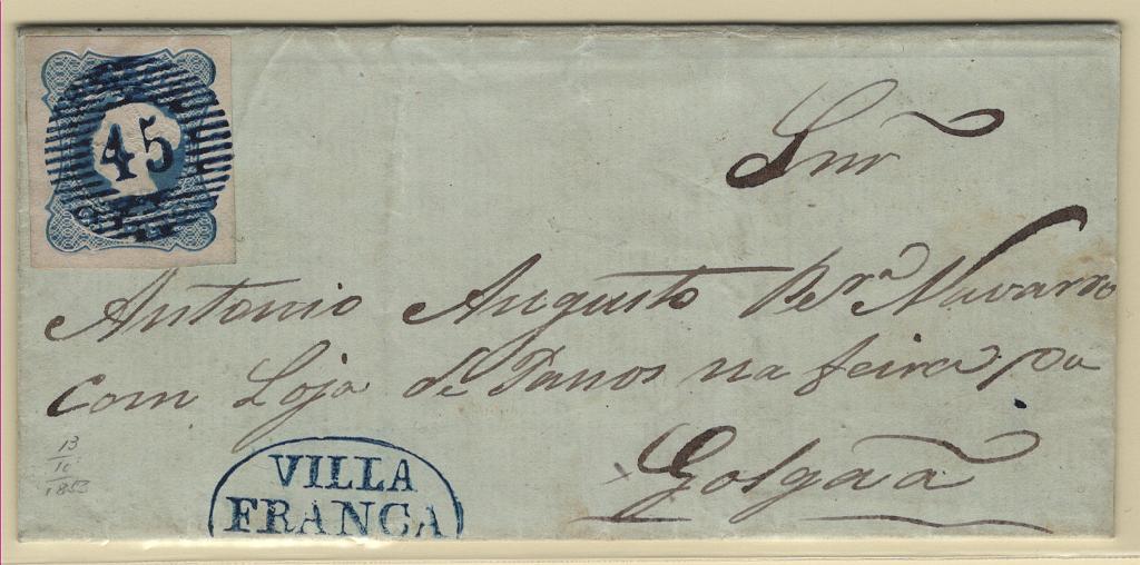 131.jpg -     Lote:    131      Marcofilia em emissões Borja Freire             Descrição:         1853 &mdash; D. Maria II. MF2, 25 reis azul, cunho II, com margens de luxo, em carta circulada de Vila Franca de Xira (13.11.53) para a Golegã, obliterado com carimbo numérico da 1.ª reforma "45 &mdash; VILA FRANCA DE XIRA", tipo 6.8.6 e nominativo "VILLA FRANCA" (incompleto) do período pré-adesivo, ambos batidos a azul escuro. Exemplar de rara beleza, sem defeitos nem reparações. MB e MR.         Carta       Valor Base:     &euro; 100,00     Valor Venda:     &euro;      