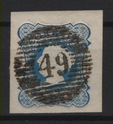 133.jpg -     Lote:    133      Marcofilia em emissões Borja Freire             Descrição:         1853 &mdash; D. Maria II. MF2, 25 reis azul, cunho II. Selo isolado, com margens de luxo, obliterado com carimbo numérico da 1.ª reforma, batido a preto "49 &mdash; HORTA, tipo 5.9.5. Exemplar raro, sem defeitos nem reparações.         O       Valor Base:     &euro; 50,00     Valor Venda:     &euro;      