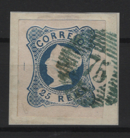138.jpg -     Lote:    138      Marcofilia em emissões Borja Freire             Descrição:         1853 &mdash; D. Maria II. MF2, 25 reis azul, cunho I. Selo com margens de luxo, sobre fragmento, obliterado com carimbo numérico da 1.ª reforma, batido a verde "75 &mdash; VILA DO CONDE", tipo 6.8.6. Exemplar muito bonito e de qualidade extraordinária, sem defeitos nem reparações.         FRG       Valor Base:     &euro; 40,00     Valor Venda:     &euro;      