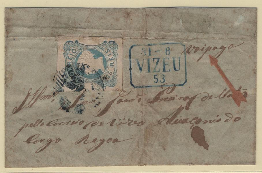 147.jpg -     Lote:    147      Marcofilia em emissões Borja Freire             Descrição:         1853 &mdash; D. Maria II. MF2, 25 reis azul claro, cunho I, com margens de luxo, em capa de carta circulada de Viseu (31.08.53) para a Régua, obliterado com carimbo numérico da 1.ª reforma, batido a azul escuro "112 - VISEU", e carimbo retangular datado batido a azul "31 &mdash; 8 / VIZEU / 53". Exemplar pouco limpo, com duas dobras, uma delas afetando ligeiramente o bordo direito do selo.         Carta       Valor Base:     &euro; 30,00     Valor Venda:     &euro;      