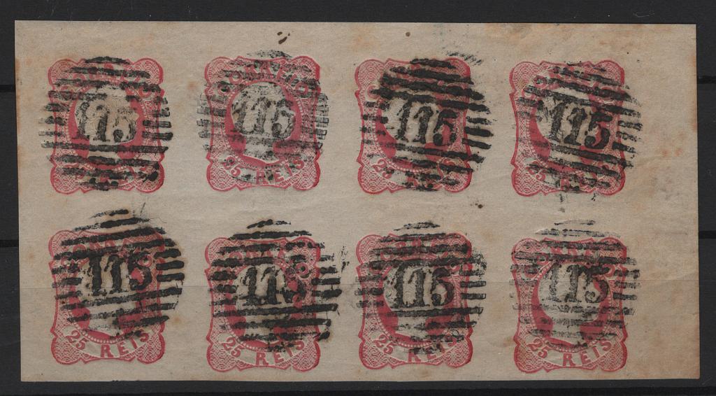 150.jpg -     Lote:    150      Marcofilia em emissões Borja Freire             Descrição:         1856/58 &mdash; D. Pedro V. Cabelos anelados. MF13, 25 reis carmim rosa, cunho III. Bloco bordo de folha, com 8 selos, com margens de luxo, obliterado com carimbo numérico da 1.ª reforma, batido a preto "115 &mdash; CASTRO DAIRE", tipo 4.3.4. Exemplar sem reparações e ligeiras manchas.         O       Valor Base:     &euro; 50,00     Valor Venda:     &euro;      