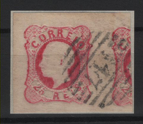 152.jpg -     Lote:    152      Marcofilia em emissões Borja Freire             Descrição:         1862/64 &mdash; D. Luís I. MF16, 25 reis carmim rosa. Selo isolado com margens de luxo, obliterado com carimbo numérico da 1.ª reforma "147 &mdash; FIGUEIRÓ DOS VINHOS", tipo 4.3.4, raridade 4. Exemplar raro, sem defeitos nem reparações.          O       Valor Base:     &euro; 35,00     Valor Venda:     &euro;      