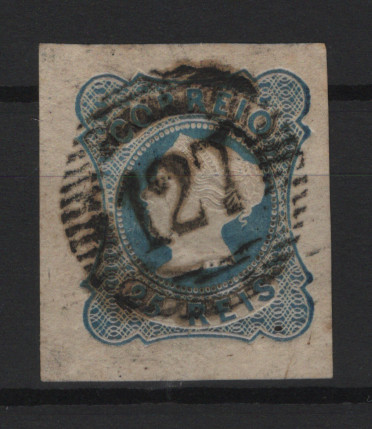 155.jpg -     Lote:    155      Marcofilia em emissões Borja Freire             Descrição:         1853 &mdash; D. Maria II. MF2, 25 reis azul, cunho II. Selo isolado, com margens de luxo, obliterado com carimbo numérico da 1.ª reforma, batido a preto "127 &mdash; PENALVA DO CASTELO", tipo 5.10.5, raridade 4. Exemplar raro, sem defeitos nem reparações.          O       Valor Base:     &euro; 40,00     Valor Venda:     &euro;      