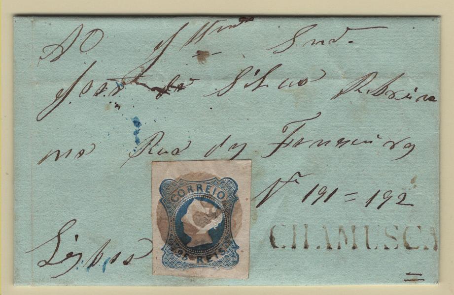 162.jpg -     Lote:    162      Marcofilia em emissões Borja Freire             Descrição:         1853 &mdash; D. Maria II. MF2, 25 reis azul, cunho I, com margens normais a curtas, em carta circulada de Alcanena (28.06.54) para Lisboa (01.07.54), obliterado com carimbo numérico da 1.ª reforma, batido a preto "142 - CHAMUSCA" e carimbo nominativo do período pré-adesivo "CHAMUSCA", também batido a sépia. Exemplar muito bonito, sem defeitos nem reparações.         Carta       Valor Base:     &euro; 100,00     Valor Venda:     &euro;      