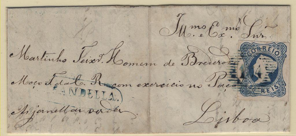 169.jpg -     Lote:    169      Marcofilia em emissões Borja Freire             Descrição:         1853 &mdash; D. Maria II. MF2, 25 reis azul, cunho I, com margens normais, em carta circulada de Mirandela (25.08.53) para Lisboa (30.08.53), com trânsito pelo Porto (27.08.53), obliterado com carimbo numérico da 1.ª reforma, batido a azul "184 &mdash; MIRANDELA", tipo 5.10.5, e carimbo nominativo "MIRANDELLA", batido a azul. Exemplar muito bonito, sem defeitos nem reparações.         Carta       Valor Base:     &euro; 50,00     Valor Venda:     &euro;      