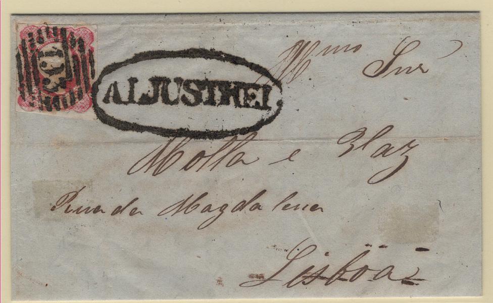 172.jpg -     Lote:    172      Marcofilia em emissões Borja Freire             Descrição:         1856/58 &mdash; D. Pedro V. Cabelos anelados. MF13, 25 reis carmim rosa, cunho IV, com margens curtas, em carta circulada de Ervidel (17.11.58) para Lisboa (24.11.58), obliterado com carimbo numérico da 1.ª reforma, batido a preto "193 &mdash; ALJUSTREL", tipo 4.3.4, raridade 5, e marca nominativa batida a preto "ALJUSTREL". Exemplar bem conservado, com marca rara, sem defeitos, nem reparações.         Carta       Valor Base:     &euro; 75,00     Valor Venda:     &euro;      