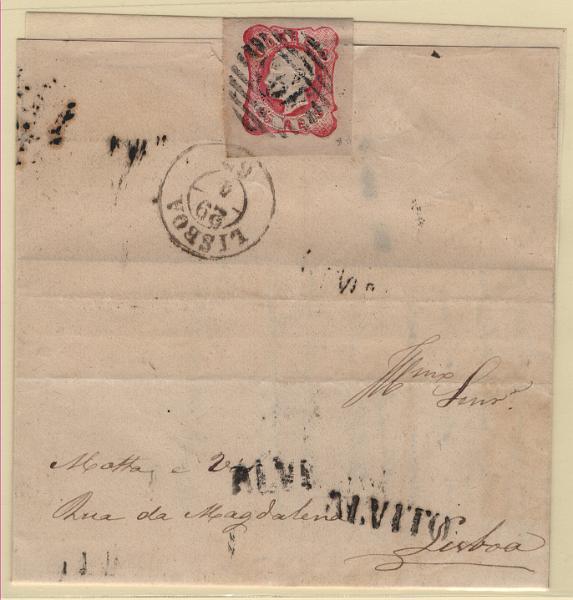 173.jpg -     Lote:    173      Marcofilia em emissões Borja Freire             Descrição:         1862/64 &mdash; D. Luís I. MF16, 25 reis carmim rosa, com três margens de luxo e uma normal, em carta circulada de Torrão (24.04.63) para Lisboa (29.04.63), obliterado com carimbo numérico da 1.ª reforma, batido a preto "195 &mdash; ALVITO", tipo 4.3.4, raridade 3 e nominativo batido a preto "ALVITO", do período pré-adesivo. Exemplar sem defeitos nem reparações.         Carta       Valor Base:     &euro; 25,00     Valor Venda:     &euro;      