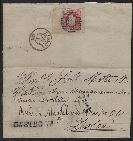 174.jpg -     Lote:    174      Marcofilia em emissões Borja Freire             Descrição:         1862/64 &mdash; D. Luís I. MF16, 25 reis carmim rosa, cunho V, com três margens de luxo e uma curta a normal, em carta circulada de Castro Verde (25.01.63) para Lisboa (27.01.63), obliterado com carimbo numérico da 1.ª reforma, batido a preto "196 &mdash; CASTRO VERDE", tipo 4.3.4, raridade 5 e nominativo batido a preto "CASTRO V.E", do período pré-adesivo. Exemplar raro, sem defeitos nem reparações.         Carta       Valor Base:     &euro; 75,00     Valor Venda:     &euro;      