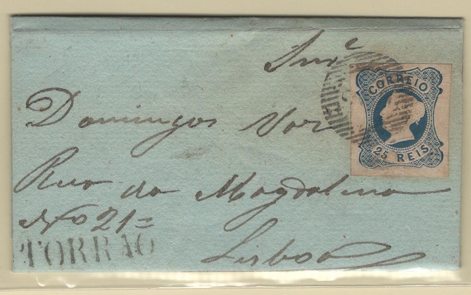180.jpg -     Lote:    180      Marcofilia em emissões Borja Freire             Descrição:         1853 &mdash; D. Maria II. MF2, 25 reis azul, cunho I, com boas margens, em carta circulada de Torrão (12.11.53) para Lisboa (15.11.53), obliterado com carimbo numérico da 1.ª reforma, batido a preto "205 &mdash; TORRÃO", tipo 5.10.5, raridade 5, e carimbo nominativo do período pré-adesivo "TORRÃO", do período pré-adesivo, batido a preto. Exemplar muito bonito, sem defeitos nem reparações.         Carta       Valor Base:     &euro; 125,00     Valor Venda:     &euro;      