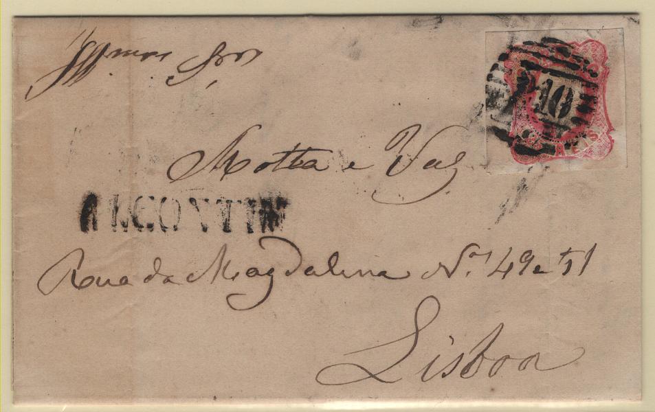 181.jpg -     Lote:    181      Marcofilia em emissões Borja Freire             Descrição:         1862/64 &mdash; D. Luís I. MF16, 25 reis carmim rosa, com margens de luxo, em carta circulada de Martim Longo (04.11.66) para Lisboa (08.11.66), com trânsito por Faro (07.11.66), obliterado com carimbo numérico da 1.ª reforma, batido a preto "210 &mdash; ALCOUTIM", tipo 4.3.4, raridade 5 e nominativo batido a preto "ALCONTIM", do período pré-adesivo. Exemplar raro sem reparações, com dobra vertical afetando o selo.         Carta       Valor Base:     &euro; 50,00     Valor Venda:     &euro;      
