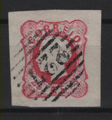 185.jpg -     Lote:    185      Marcofilia em emissões Borja Freire             Descrição:         1862/64 &mdash; D. Luís I. MF16, 25 reis carmim rosa. Selo isolado com margens de luxo, obliterado com carimbo numérico da 1.ª reforma "227 &mdash; ALCÁÇOVAS", tipo 4.3.4, raridade 4. Exemplar raro, muito bonito, sem defeitos nem reparações.          O       Valor Base:     &euro; 35,00     Valor Venda:     &euro;      
