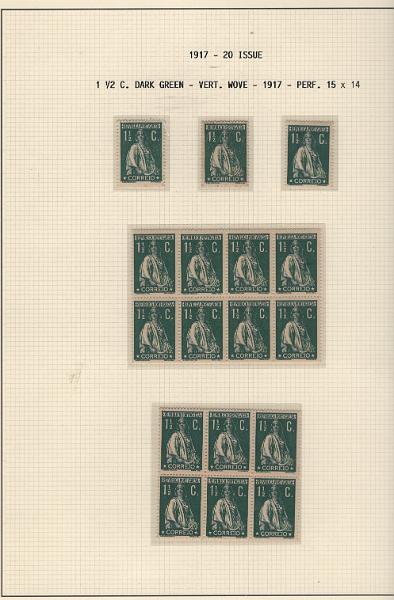 208 (1).jpg -     Lote:    208      Ceres &mdash; Colecção Especializada             Descrição:         1917/20 &mdash; Ceres. Novas cores e valores. MF222/234. Lote composto por coleção montada em 101 folhas de exposição, tipo Lindner, com estudo exaustivo da emissão desde a taxa de 1 &frac12; c até 30C, contendo selos novos e usados simples, em pares, quadras e blocos com grande número de selos, com estudo das variedades de papel, denteados, erros e variedades de clichés, acompanhados de desenhos das fendas mais importantes. Inclui ainda sobrescritos, bilhetes-postais e fragmentos, assim como variada marcofilia da época com realce para exemplares da GREVE DOS CORREIOS e marcas de paquetes portugueses. Valor de catálogo dos selos novos e usados, sem ter em conta a história postal &euro; 13.845,00. MB e MR. Lote a ver.         Lote       Valor Base:     &euro; 6.000,00     Valor Venda:     &euro;      