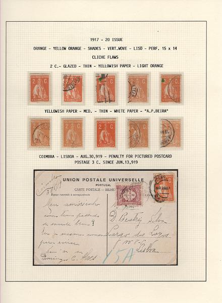 208 (10).jpg -     Lote:    208      Ceres &mdash; Colecção Especializada             Descrição:         1917/20 &mdash; Ceres. Novas cores e valores. MF222/234. Lote composto por coleção montada em 101 folhas de exposição, tipo Lindner, com estudo exaustivo da emissão desde a taxa de 1 &frac12; c até 30C, contendo selos novos e usados simples, em pares, quadras e blocos com grande número de selos, com estudo das variedades de papel, denteados, erros e variedades de clichés, acompanhados de desenhos das fendas mais importantes. Inclui ainda sobrescritos, bilhetes-postais e fragmentos, assim como variada marcofilia da época com realce para exemplares da GREVE DOS CORREIOS e marcas de paquetes portugueses. Valor de catálogo dos selos novos e usados, sem ter em conta a história postal &euro; 13.845,00. MB e MR. Lote a ver.         Lote       Valor Base:     &euro; 6.000,00     Valor Venda:     &euro;      
