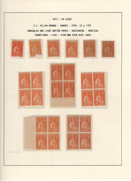 208 (11).jpg -     Lote:    208      Ceres &mdash; Colecção Especializada             Descrição:         1917/20 &mdash; Ceres. Novas cores e valores. MF222/234. Lote composto por coleção montada em 101 folhas de exposição, tipo Lindner, com estudo exaustivo da emissão desde a taxa de 1 &frac12; c até 30C, contendo selos novos e usados simples, em pares, quadras e blocos com grande número de selos, com estudo das variedades de papel, denteados, erros e variedades de clichés, acompanhados de desenhos das fendas mais importantes. Inclui ainda sobrescritos, bilhetes-postais e fragmentos, assim como variada marcofilia da época com realce para exemplares da GREVE DOS CORREIOS e marcas de paquetes portugueses. Valor de catálogo dos selos novos e usados, sem ter em conta a história postal &euro; 13.845,00. MB e MR. Lote a ver.         Lote       Valor Base:     &euro; 6.000,00     Valor Venda:     &euro;      
