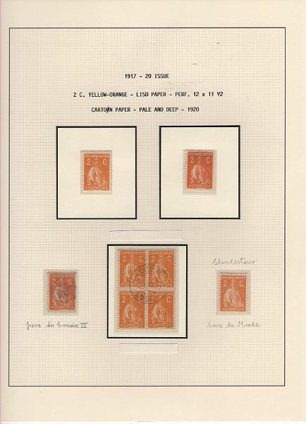 208 (12).jpg -     Lote:    208      Ceres &mdash; Colecção Especializada             Descrição:         1917/20 &mdash; Ceres. Novas cores e valores. MF222/234. Lote composto por coleção montada em 101 folhas de exposição, tipo Lindner, com estudo exaustivo da emissão desde a taxa de 1 &frac12; c até 30C, contendo selos novos e usados simples, em pares, quadras e blocos com grande número de selos, com estudo das variedades de papel, denteados, erros e variedades de clichés, acompanhados de desenhos das fendas mais importantes. Inclui ainda sobrescritos, bilhetes-postais e fragmentos, assim como variada marcofilia da época com realce para exemplares da GREVE DOS CORREIOS e marcas de paquetes portugueses. Valor de catálogo dos selos novos e usados, sem ter em conta a história postal &euro; 13.845,00. MB e MR. Lote a ver.         Lote       Valor Base:     &euro; 6.000,00     Valor Venda:     &euro;      