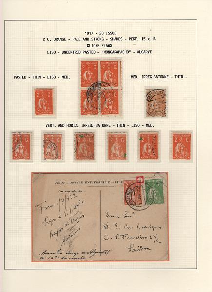 208 (15).jpg -     Lote:    208      Ceres &mdash; Colecção Especializada             Descrição:         1917/20 &mdash; Ceres. Novas cores e valores. MF222/234. Lote composto por coleção montada em 101 folhas de exposição, tipo Lindner, com estudo exaustivo da emissão desde a taxa de 1 &frac12; c até 30C, contendo selos novos e usados simples, em pares, quadras e blocos com grande número de selos, com estudo das variedades de papel, denteados, erros e variedades de clichés, acompanhados de desenhos das fendas mais importantes. Inclui ainda sobrescritos, bilhetes-postais e fragmentos, assim como variada marcofilia da época com realce para exemplares da GREVE DOS CORREIOS e marcas de paquetes portugueses. Valor de catálogo dos selos novos e usados, sem ter em conta a história postal &euro; 13.845,00. MB e MR. Lote a ver.         Lote       Valor Base:     &euro; 6.000,00     Valor Venda:     &euro;      