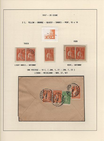 208 (16).jpg -     Lote:    208      Ceres &mdash; Colecção Especializada             Descrição:         1917/20 &mdash; Ceres. Novas cores e valores. MF222/234. Lote composto por coleção montada em 101 folhas de exposição, tipo Lindner, com estudo exaustivo da emissão desde a taxa de 1 &frac12; c até 30C, contendo selos novos e usados simples, em pares, quadras e blocos com grande número de selos, com estudo das variedades de papel, denteados, erros e variedades de clichés, acompanhados de desenhos das fendas mais importantes. Inclui ainda sobrescritos, bilhetes-postais e fragmentos, assim como variada marcofilia da época com realce para exemplares da GREVE DOS CORREIOS e marcas de paquetes portugueses. Valor de catálogo dos selos novos e usados, sem ter em conta a história postal &euro; 13.845,00. MB e MR. Lote a ver.         Lote       Valor Base:     &euro; 6.000,00     Valor Venda:     &euro;      