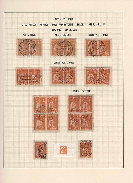 208 (17).jpg -     Lote:    208      Ceres &mdash; Colecção Especializada             Descrição:         1917/20 &mdash; Ceres. Novas cores e valores. MF222/234. Lote composto por coleção montada em 101 folhas de exposição, tipo Lindner, com estudo exaustivo da emissão desde a taxa de 1 &frac12; c até 30C, contendo selos novos e usados simples, em pares, quadras e blocos com grande número de selos, com estudo das variedades de papel, denteados, erros e variedades de clichés, acompanhados de desenhos das fendas mais importantes. Inclui ainda sobrescritos, bilhetes-postais e fragmentos, assim como variada marcofilia da época com realce para exemplares da GREVE DOS CORREIOS e marcas de paquetes portugueses. Valor de catálogo dos selos novos e usados, sem ter em conta a história postal &euro; 13.845,00. MB e MR. Lote a ver.         Lote       Valor Base:     &euro; 6.000,00     Valor Venda:     &euro;      