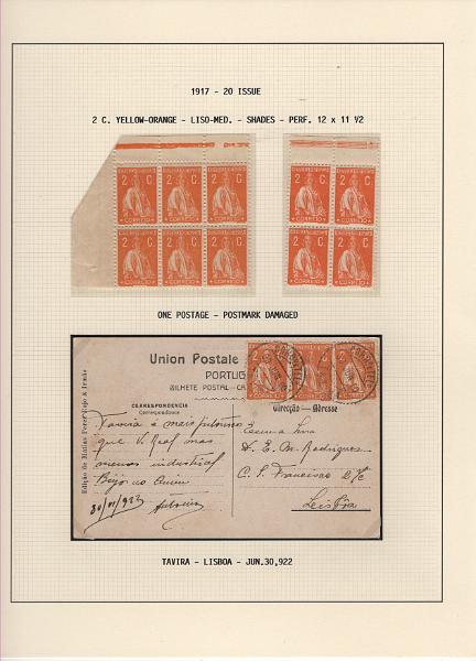 208 (19).jpg -     Lote:    208      Ceres &mdash; Colecção Especializada             Descrição:         1917/20 &mdash; Ceres. Novas cores e valores. MF222/234. Lote composto por coleção montada em 101 folhas de exposição, tipo Lindner, com estudo exaustivo da emissão desde a taxa de 1 &frac12; c até 30C, contendo selos novos e usados simples, em pares, quadras e blocos com grande número de selos, com estudo das variedades de papel, denteados, erros e variedades de clichés, acompanhados de desenhos das fendas mais importantes. Inclui ainda sobrescritos, bilhetes-postais e fragmentos, assim como variada marcofilia da época com realce para exemplares da GREVE DOS CORREIOS e marcas de paquetes portugueses. Valor de catálogo dos selos novos e usados, sem ter em conta a história postal &euro; 13.845,00. MB e MR. Lote a ver.         Lote       Valor Base:     &euro; 6.000,00     Valor Venda:     &euro;      