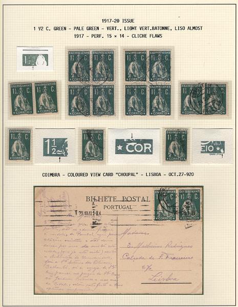208 (2).jpg -     Lote:    208      Ceres &mdash; Colecção Especializada             Descrição:         1917/20 &mdash; Ceres. Novas cores e valores. MF222/234. Lote composto por coleção montada em 101 folhas de exposição, tipo Lindner, com estudo exaustivo da emissão desde a taxa de 1 &frac12; c até 30C, contendo selos novos e usados simples, em pares, quadras e blocos com grande número de selos, com estudo das variedades de papel, denteados, erros e variedades de clichés, acompanhados de desenhos das fendas mais importantes. Inclui ainda sobrescritos, bilhetes-postais e fragmentos, assim como variada marcofilia da época com realce para exemplares da GREVE DOS CORREIOS e marcas de paquetes portugueses. Valor de catálogo dos selos novos e usados, sem ter em conta a história postal &euro; 13.845,00. MB e MR. Lote a ver.         Lote       Valor Base:     &euro; 6.000,00     Valor Venda:     &euro;      