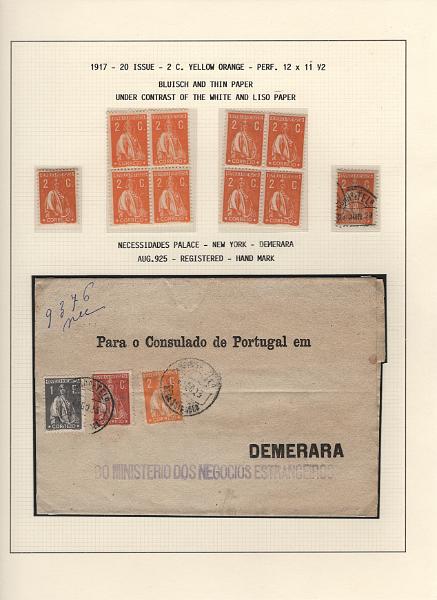 208 (23).jpg -     Lote:    208      Ceres &mdash; Colecção Especializada             Descrição:         1917/20 &mdash; Ceres. Novas cores e valores. MF222/234. Lote composto por coleção montada em 101 folhas de exposição, tipo Lindner, com estudo exaustivo da emissão desde a taxa de 1 &frac12; c até 30C, contendo selos novos e usados simples, em pares, quadras e blocos com grande número de selos, com estudo das variedades de papel, denteados, erros e variedades de clichés, acompanhados de desenhos das fendas mais importantes. Inclui ainda sobrescritos, bilhetes-postais e fragmentos, assim como variada marcofilia da época com realce para exemplares da GREVE DOS CORREIOS e marcas de paquetes portugueses. Valor de catálogo dos selos novos e usados, sem ter em conta a história postal &euro; 13.845,00. MB e MR. Lote a ver.         Lote       Valor Base:     &euro; 6.000,00     Valor Venda:     &euro;      