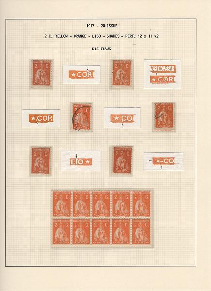208 (25).jpg -     Lote:    208      Ceres &mdash; Colecção Especializada             Descrição:         1917/20 &mdash; Ceres. Novas cores e valores. MF222/234. Lote composto por coleção montada em 101 folhas de exposição, tipo Lindner, com estudo exaustivo da emissão desde a taxa de 1 &frac12; c até 30C, contendo selos novos e usados simples, em pares, quadras e blocos com grande número de selos, com estudo das variedades de papel, denteados, erros e variedades de clichés, acompanhados de desenhos das fendas mais importantes. Inclui ainda sobrescritos, bilhetes-postais e fragmentos, assim como variada marcofilia da época com realce para exemplares da GREVE DOS CORREIOS e marcas de paquetes portugueses. Valor de catálogo dos selos novos e usados, sem ter em conta a história postal &euro; 13.845,00. MB e MR. Lote a ver.         Lote       Valor Base:     &euro; 6.000,00     Valor Venda:     &euro;      
