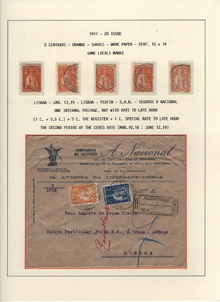 208 (27).jpg -     Lote:    208      Ceres &mdash; Colecção Especializada             Descrição:         1917/20 &mdash; Ceres. Novas cores e valores. MF222/234. Lote composto por coleção montada em 101 folhas de exposição, tipo Lindner, com estudo exaustivo da emissão desde a taxa de 1 &frac12; c até 30C, contendo selos novos e usados simples, em pares, quadras e blocos com grande número de selos, com estudo das variedades de papel, denteados, erros e variedades de clichés, acompanhados de desenhos das fendas mais importantes. Inclui ainda sobrescritos, bilhetes-postais e fragmentos, assim como variada marcofilia da época com realce para exemplares da GREVE DOS CORREIOS e marcas de paquetes portugueses. Valor de catálogo dos selos novos e usados, sem ter em conta a história postal &euro; 13.845,00. MB e MR. Lote a ver.         Lote       Valor Base:     &euro; 6.000,00     Valor Venda:     &euro;      